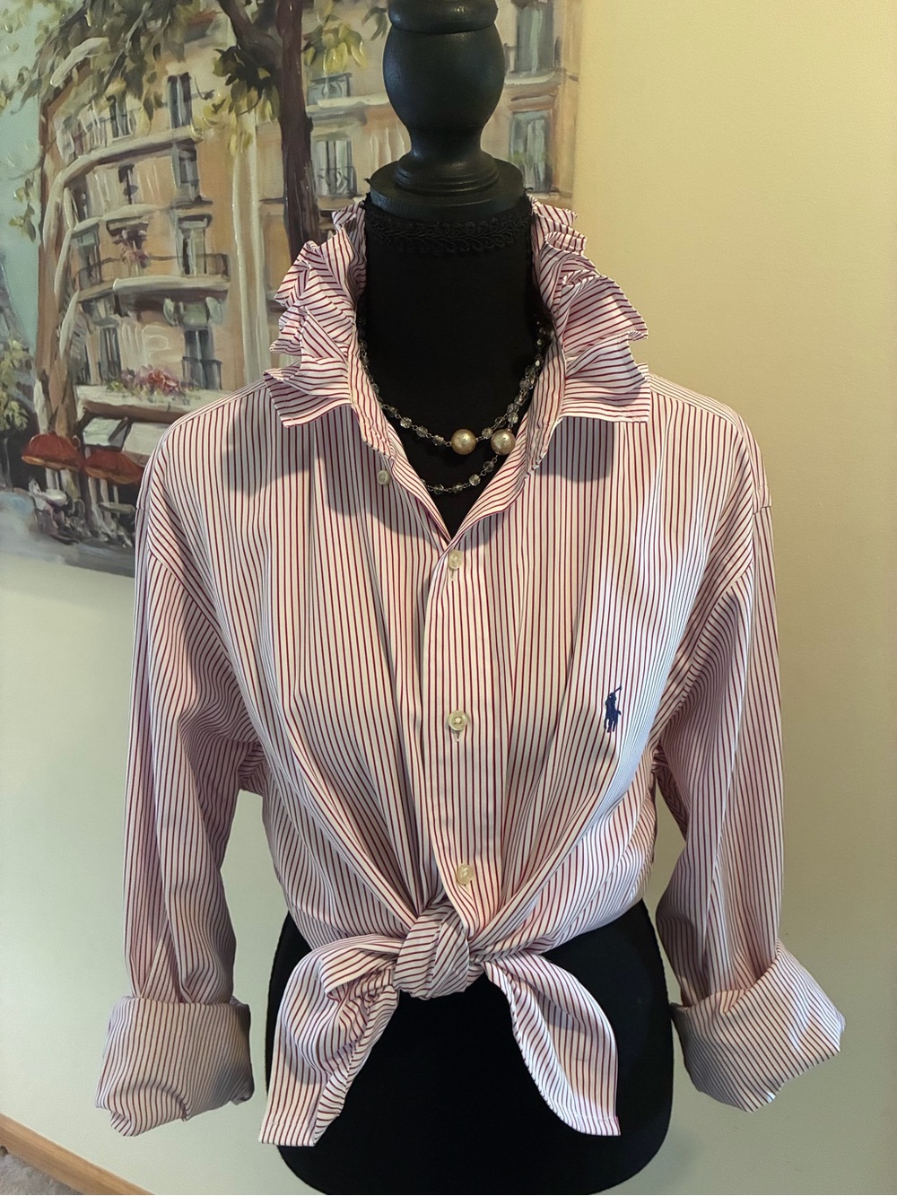 Ralph Lauren Red and White Stripe Ruffle Collar Button-Down Shirt